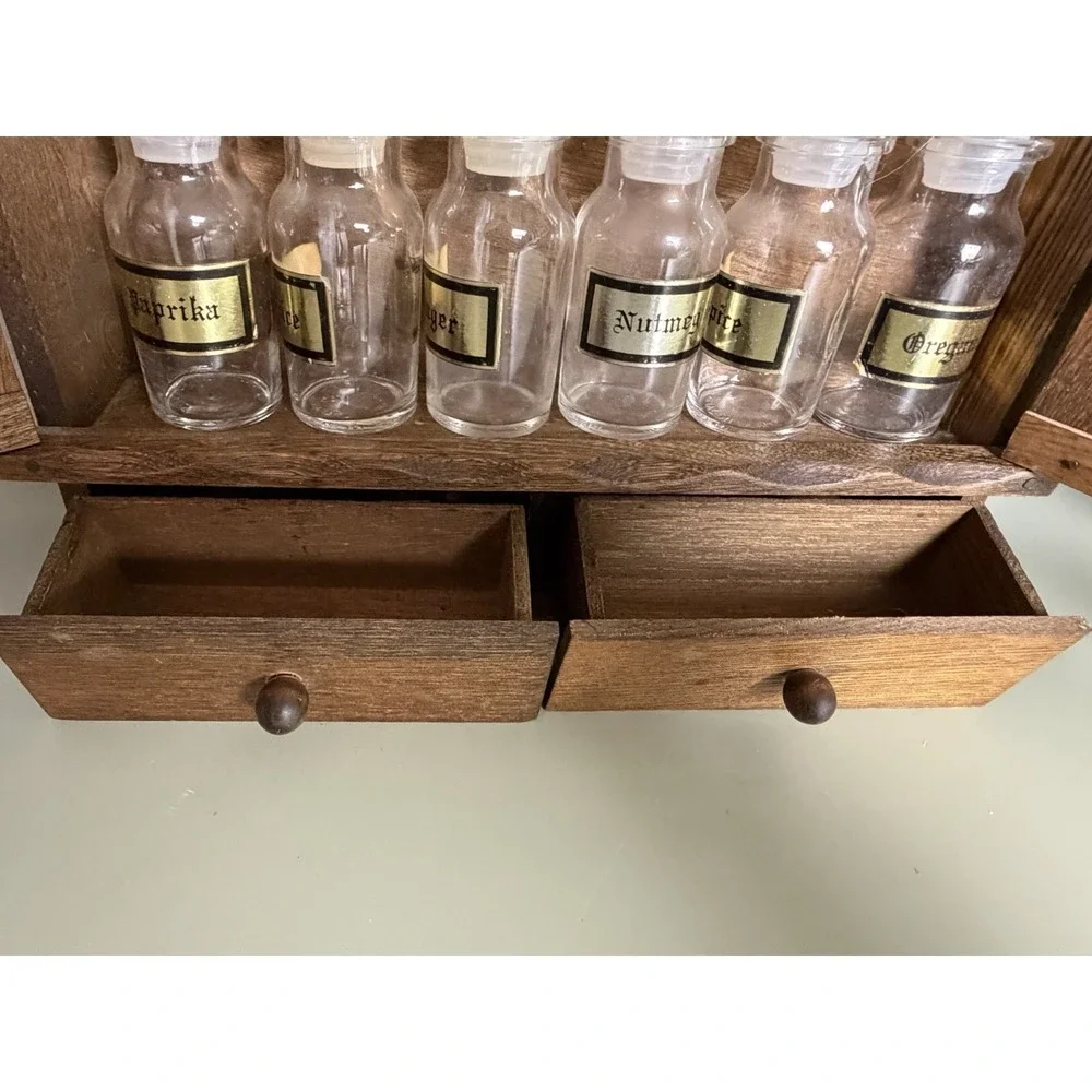 Vintage‎ Japan Wood Spice Cabinet Wall Rack Glass Jars Drawers Apothecary MCM
